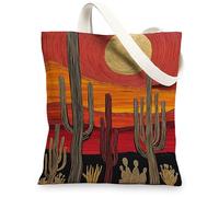 Desert Sunset Canvas Tote Bag, Eco-Friendly Reusable Beach Bags, Lightweight Cactus Design Shoulder Bags, Red, 13x15 Inch
