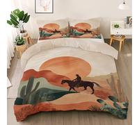 Desert Sunset Duvet Cover Set, Western Cowboy Reversible Bedding Set, Tropical Plant Polycotton 3 pcs Lightweight Premium Quilt Cover Set for All Seasons With Zipper (Wild West, Single)