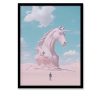 Desert Unicorn Sand Sculpture Pastel Landscape Framed Art Print Artery8 Blue A4