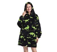 Deserthome Wearable Blanket Hoodie Oversized Hooded Blanket for Adult Women Super Soft Comfortable Warm Flannel Green Dinosaur