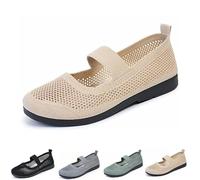 DESESE Women's Casual Hollow Out Knitted Mary Jane Flats Shoes Fashion Comfortable Mesh Walking Beach Shoes Lightweight Breathable Slip-On Shoes, khaki, 3.5 UK