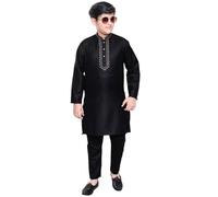 Desi Sarees Boys Cotton Black Thread Embroidered Kurta With Trouser Pant 988 (UK, Age, 11 Years, Regular, Black)