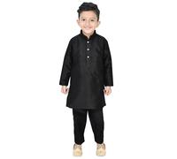 Desi Sarees Boys Plain Raw Silk Fancy Button Kurta Pajama Shalwar Kameez 982 (UK, Age, 6 Years, Regular, Black)