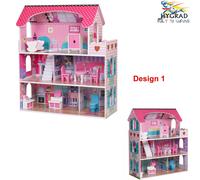 (Design 1) Wooden Kids Doll House All in 1 With Furniture & Staircase Best Dolls Role play