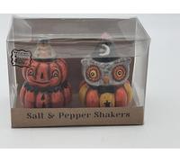 Design by Johanna Parker Ceramic Halloween Pumpkin and Owl Salt and Pepper Shakers Set,Pumpkin is Orange with a yellow hat. The owl is gray orange yellow and black. Fall colors 3" T x 2" Round