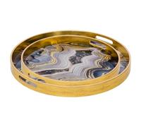 Design By Pepper Set of Two Marble Design Serving Trays Dinner Party Tray With Handles Glass Decorative Round Coffee Table Tray