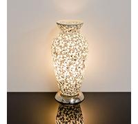Design By Pepper Tile Mirror Glass Crackle Table Light Mosaic Vase Lamp with Chrome Base for Bedroom Kitchen and Lounge (White Flower)