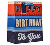 Design By Violet Birthday Text Large Gift Bag - "Happy Birthday To You" Message - Bold Red, Blue & Navy with Retro Typography - Luxury Paper Bag for Birthdays