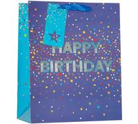 Design By Violet Blue Happy Birthday Confetti Large Gift Bag - Decorative Paper Birthday Gift Bag with Ribbon Handles for Men’s Birthday, Boys Birthday and Male Birthday Celebrations