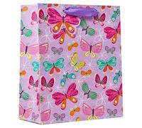 Design By Violet Butterfly Medium Gift Bag - Colourful Butterfly Print with Purple Ribbon Handle - Birthday or Party Present Bag