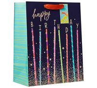 Design By Violet Candles Large Gift Bag - Blue & Green Birthday Candle Design with Gold Foil Happy Birthday Message - Luxury Paper Bag for Birthdays