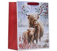 Design By Violet Christmas Highland Cow Large Gift Bag - Scenic Winter Countryside Design with Red Rope Handle - Perfect for Clothes, Toys & Presents