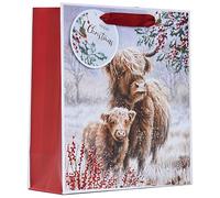 Design By Violet Christmas Highland Cow Medium Gift Bag - Festive Winter Countryside Design with Red Rope Handle - Great for Books, Toys & Small Gifts