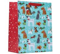 Design By Violet Christmas Pups Large Gift Bag - Cute Illustrated Dog Design with Red Ribbon Handle - Perfect for Clothes, Toys & Presents