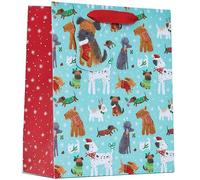 Design By Violet Christmas Pups Medium Gift Bag - Playful Dog Design with Red Ribbon Handle - Great for Books, Toys & Small Gifts