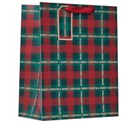 Design By Violet Christmas Tartan Large Gift Bag - Classic Red and Green Plaid with Gold Foil Merry Christmas Text and Red Ribbon Handle - Perfect for Clothes, Toys & Presents