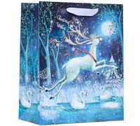 Design By Violet Christmas Wishes Whimsical White Stag Design Gift Bag with Gift Tag - White/Blue - Large - Gift Bag for Christmas, Gift Wrap, Christmas Wrapping Paper, Xmas, Festive Gift Bag
