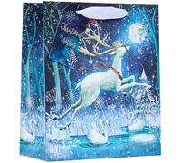 Design By Violet Christmas Wishes Whimsical White Stag Gift Bag With Tag - White/Blue - Medium - for Xmas, Festive Wrapping