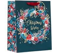 Design By Violet Christmas Wishes Wreath and Robin Design Gift Bag with Gift Tag - Large - Gift Bag for Christmas, Gift Wrap, Christmas Wrapping Paper, Xmas, Festive Gift Bag