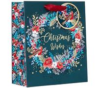 Design By Violet Christmas Wishes Wreath and Robin Design Gift Bag with Gift Tag - Medium - Gift Bag for Christmas, Gift Wrap, Christmas Wrapping Paper, Xmas, Festive Gift Bag