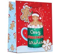 Design By Violet Cosy Christmas Wishes Medium Gift Bag - Bright Red Design with Gingerbread Characters and Ribbon Handle - Great for Books, Toys & Small Gifts