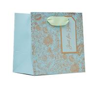 Design By Violet Fresh Blooms Foiled Extra Small Gift Bag - Luxury Light Blue Paper Bag with Gold Foil Floral Design & Ribbon Handles - Gift Wrapping for Birthdays, Weddings & Special Occasions