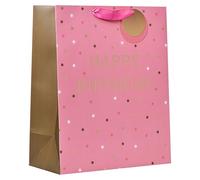Design By Violet Happy Birthday Large Gift Bag - Pink with Dots, Gold Foil Lettering & Printed Interior - Luxury Paper Gift Bag for Birthdays