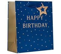 Design By Violet Happy Birthday Medium Gift Bag - Blue with Gold Foil, Star Gift Tag & Printed Interior - Luxury Paper Gift Bag for Birthdays
