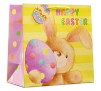 Design By Violet Happy Easter Cute Bunny Gift Bag with Wide Gusset - Colourful Easter Bag for Chocolate Eggs, Children’s Gifts, Seasonal Presents & Treats