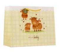 Design By Violet Hello Baby Highland Cow Large Shopper Gift Bag - Decorative Paper Gift Bag for Baby Shower, New Baby, Christening and Newborn Gifts