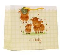 Design By Violet Hello Baby Highland Cow Medium Shopper Bag | Decorative paper shopper gift bag. Ideal for baby showers, new baby gifts, christenings and newborn celebrations.