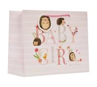 Design By Violet Hetty Hedgehog Large Shopper Bag - Baby Girl Gift Bag with Cute Hedgehog Design, Pink Striped Background, Luxury Paper Bag with Tag - Perfect for Baby Shower & Newborn Gifts