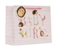 Design By Violet Hetty Hedgehog Medium Shopper Bag - Baby Girl Gift Bag with Cute Hedgehog Design, Pink Striped Background, Luxury Paper Bag with Tag - Perfect for Baby Shower & Newborn Gifts