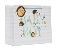 Design By Violet Hugo Hedgehog Medium Shopper Bag - Baby Boy Gift Bag with Cute Hedgehog Design, White Striped Background, Luxury Paper Bag with Tag - Perfect for Baby Shower & Newborn Gifts