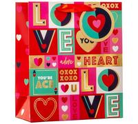Design By Violet Love OXOX Valentine’s Medium Gift Bag - Colourful Heart Design with Gold Foil Detail and Ribbon Handle, Romantic Valentine’s Day Gift Bag for Presents