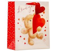 Design By Violet Love You Bear Valentine’s Large Gift Bag - Cute Teddy Bear Heart Design with Ribbon Handle, Romantic Valentine’s Day Gift Bag for Presents