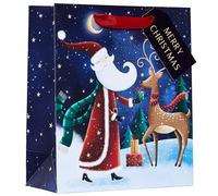 Design By Violet Merry Christmas Santa and Reindeer Design Gift Bag with Gift Tag - Medium - Gift Bag for Christmas, Gift Wrap, Christmas Wrapping Paper, Xmas, Festive Gift Bag