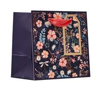Design By Violet Midnight Extra Small Gift Bag - Navy Blue Floral Luxury Reuseable Paper Bag with Red Handles - Premium Gift Wrapping Bag for Mother's Day, Birthdays, Christmas, and Special Occasions