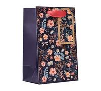 Design By Violet Midnight Small Gift Bag - Navy Blue Floral Luxury Reuseable Paper Bag with Red Handles - Premium Gift Wrapping Bag for Mother's Day, Birthdays, Christmas, and Special Occasions