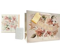 Design By Violet Mr & Mr Wedding Gift Bag, Greeting Card and Tissue Paper Set - Extra Large Floral Shopper Bag with Satin Handle - Gift Wrap Set for Gay Wedding Presents