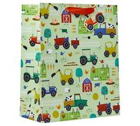 Design By Violet Pickle Patch Large Gift Bag - Colourful Green Farmyard Scene with Tractors, Diggers & Barns, Printed Interior - Luxury Paper Gift Bag - Perfect for Kids’ Birthdays & Children’s Gifts