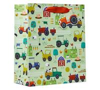 Design By Violet Pickle Patch Medium Gift Bag - Colourful Green Farmyard Scene with Tractors, Diggers & Barns, Printed Interior - Luxury Paper Gift Bag - Perfect for Kids’ Birthdays & Children’s Gifts