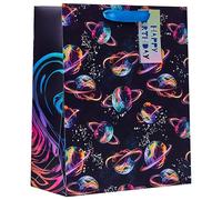 Design By Violet Planet Football Large Gift Bag - Neon Football Planet Design with Silver Foil and Printed Swirl Interior - Ideal for Kids’ Birthdays, Gifting and Sporty-Themed Gifts