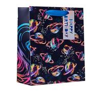 Design By Violet Planet Football Medium Gift Bag - Neon Football Planet & Space Design with Hologram Silver Foil Accents & Printed Swirl Interior - Ideal for Kids’ Birthdays, Gifting