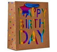 Design By Violet Rainbow Kraft Happy Birthday Medium Gift Bag - Brown Paper with Holographic Rainbow Lettering & Polka Dot Sides - Luxury Paper Bag for Birthdays