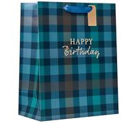 Design By Violet Tartan Large Gift Bag - Blue Tartan Plaid with Gold Foil Happy Birthday Message - Luxury Paper Bag for Birthdays