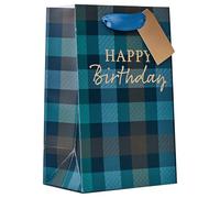 Design By Violet Tartan Small Gift Bag - Blue Tartan Plaid with Gold Foil Happy Birthday Message - Luxury Paper Bag for Birthdays