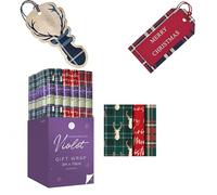 Design By Violet Tartan & Stag Christmas Wrapping Paper & Tag Bundle - 3 x 3m Foil Rolls + 16 Luxury Pre-Strung Gift Tags - Fully Recyclable Set