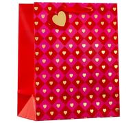 Design By Violet Valentines Hearts Large Gift Bag - Red and Pink Heart Gift Bag with Gold Foil Finish, Ribbon Handle and Gift Tag, Ideal for Valentine’s Day Presents