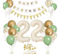 Design for Life 22nd Birthday Deco: Foil Ball bonus, Sage Green, White & Gold, 22 Numbered, Banner, Cake Topper